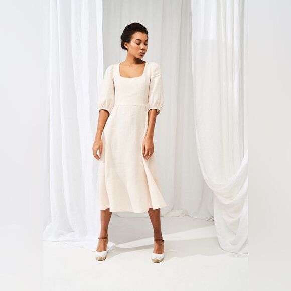 Linen Handmade Studio Aurora Dress Puff Sleeve Sz 16 - Picture 1 of 9